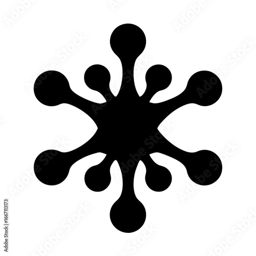 Abstract black symmetrical blob with circular appendages on a white background