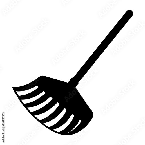 A black silhouette of a leaf rake, a tool for yard work
