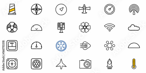 Diverse icons for modern tech, featuring network signals, weather elements, travel icons, and navigation tools for creative designs, originally vector graphics
