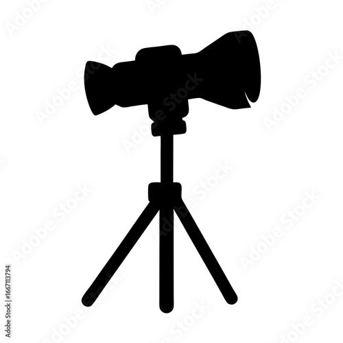 Black and white silhouette of a film camera standing on a tripod