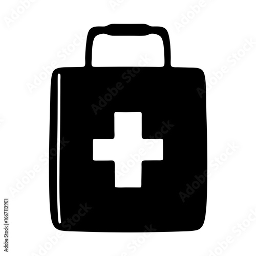 Stylized black and white first aid kit graphic with a handle
