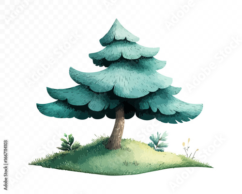 Watercolor illustration of a lush evergreen pine tree with layered green conifer branches, natural forest element, isolated on white. Vector illustration.	
