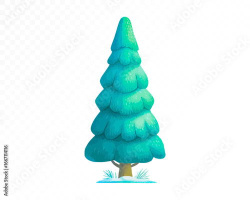 Watercolor illustration of a lush evergreen pine tree with layered green conifer branches, natural forest element, isolated on white. Vector illustration.	
