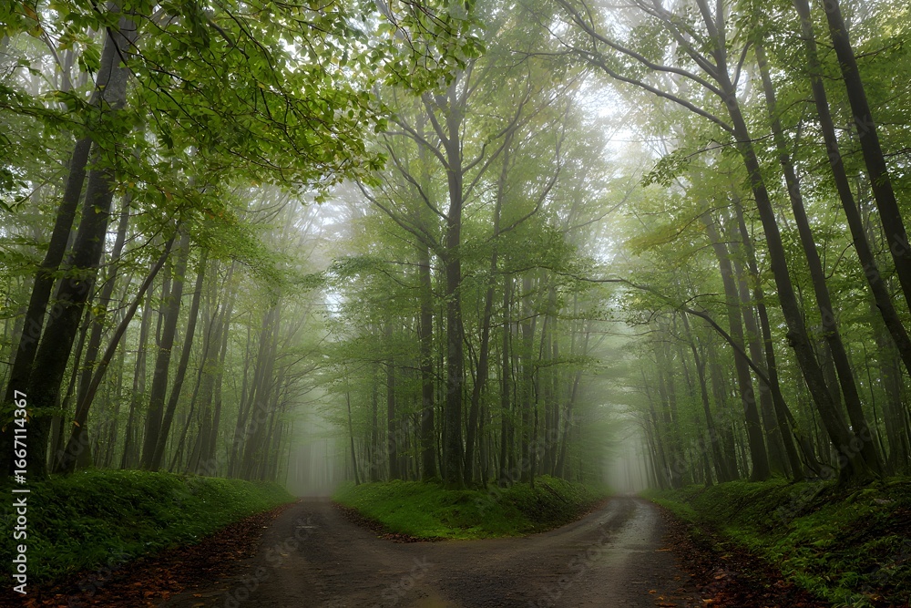 Fototapeta premium Morning forest road with foggy trees and autumn leaves