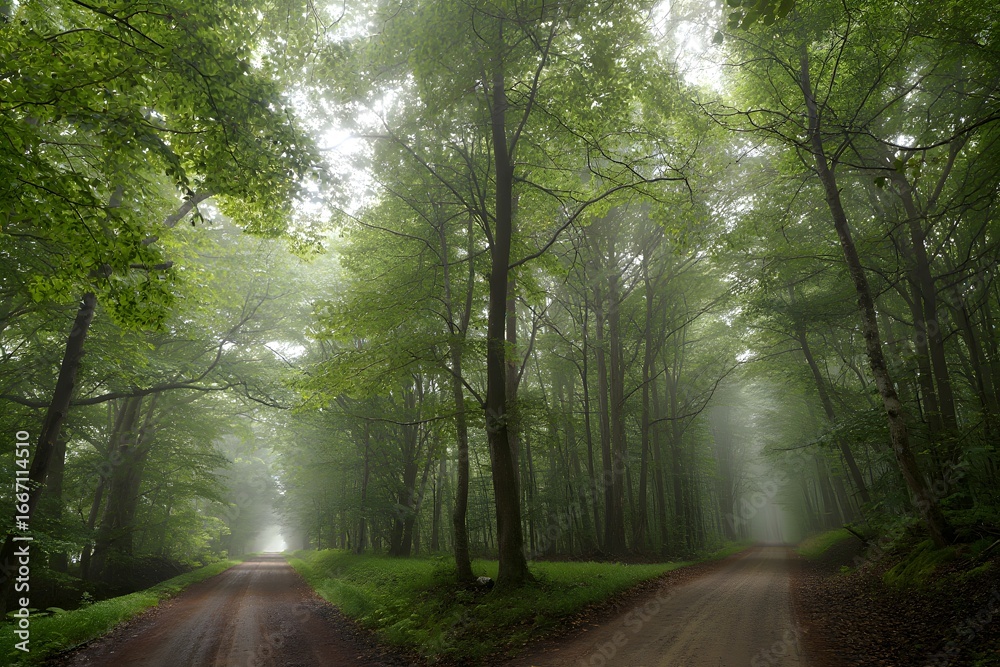 Obraz premium Morning forest road with foggy trees and autumn leaves