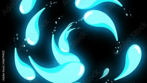 A swirling vortex of bright teal teardrop shapes against a black background