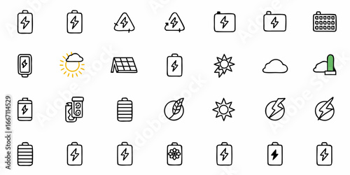 Sustainable Power Icons for Clean Energy Solutions: Solar Panels, Batteries, and Renewable Resources for a Greener Future, originally a scalable vector graphic