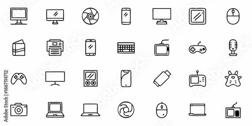 Tech Gadgets Galore A Simple Line Art Collection Showcasing Modern Technology Devices Mobile Phone Computer Keyboard Game Controller and More for all Your Design Needs