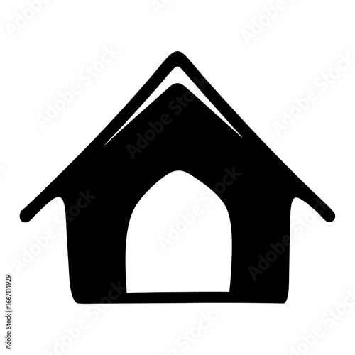 Stylized black dog house with a simple arch doorway design