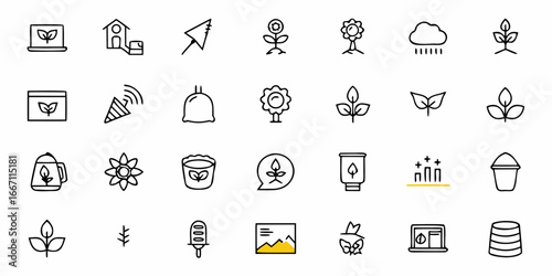 Modern Line Art Icons Set for Sustainable Agriculture and Gardening Projects, Perfect for Eco-Friendly Brands and Green Initiatives, Simple Graphic Elements