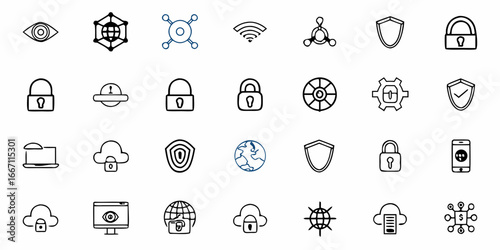 Secure networks with globally connected and protected data, featuring cloud security, encryption, privacy, and surveillance icons, ideal for cybersecurity visuals