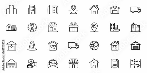 Simple icons showing real estate, delivery, and location services for modern business needs, originally a scalable vector graphic, ideal for web or app design