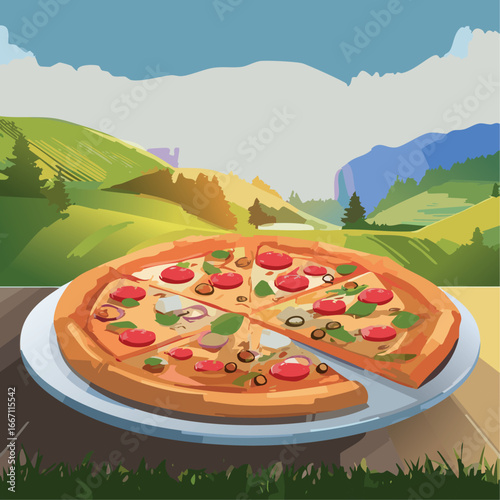 pizza, food, cheese, vector, italian, tomato, meal, illustration, isolated, dinner, pizzeria, pepperoni, snack, lunch, pepper, delicious, slice, crust, plate, vegetables, hot, fast, tasty, italy, rest