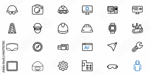 Construction and Engineering Icon Set for Professional Design Projects, Featuring Safety Gear, Tools, and Technology Essentials for Modern Industries
