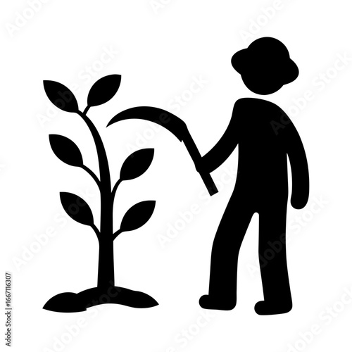 Illustration of a farmer using a scythe to harvest a plant crop