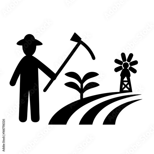 Silhouette of a farmer in a field with a windmill, symbolizing agriculture