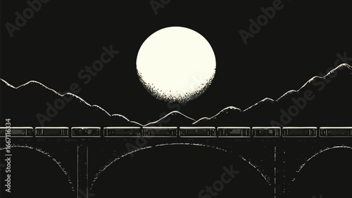 Train crossing a bridge at night with a full moon and mountain silhouettes in the background scene design