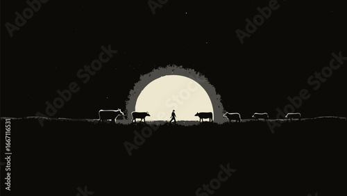 Silhouette of a person walking between cows under a bright moon in a dark and starry night scene