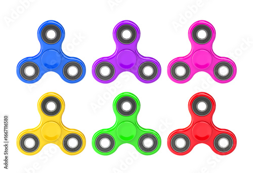 Photos Collection of six colorful fidget spinners isolated on transparent background
