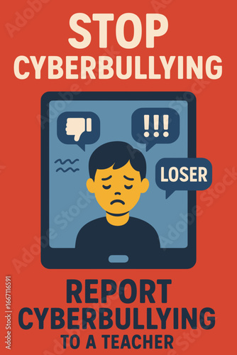 Cartoon illustration of a sad boy on screen facing online insults and negative symbols, promoting school campaign to stop cyberbullying. Concept of awareness and prevention

