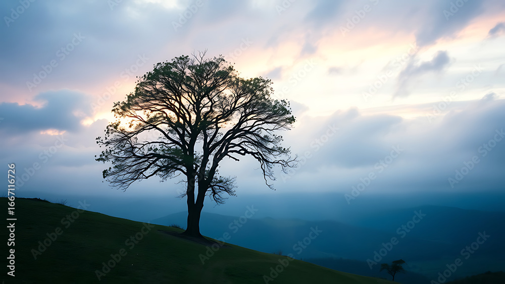Obraz premium Solitary Tree on a Hill Under a Dramatic Sky