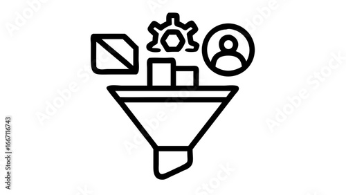 A conceptual illustration of a sales or marketing funnel with various business process icons.