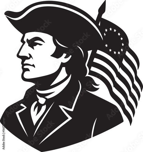 Revolutionary War Soldier with American Flag Silhouette Illustration
