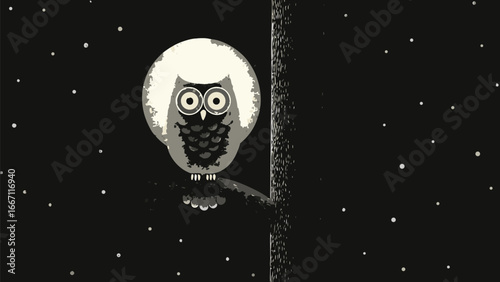 Illustration of an owl perched on a branch against a starry night sky with a textured tree trunk element silhouette