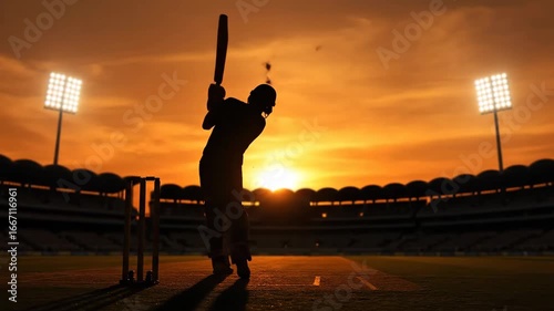 Cricket Batsman Silhouette at Sunset - The silhouette of a cricket batsman powerfully hitting a shot is captured against a vibrant sunset backdrop.