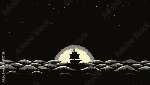 Silhouette of a sailing ship on a wavy sea under a starry night sky with a bright moon in the background