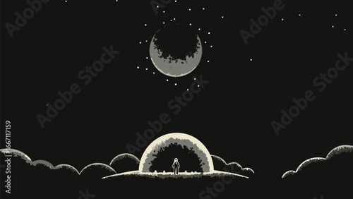 A figure stands on a hill under a dome with a crescent moon and stars in the night sky above them all silhouette