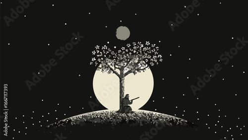 Silhouette of a man with rifle under a cherry blossom tree at night with the moon and stars visible
