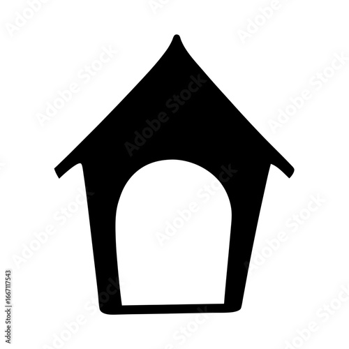 Simple black and white doghouse illustration with an arched entrance silhouette