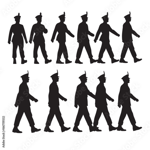 Silhouetted Guardsmen Marching in Formation Royal Military Precision Black and White Symbolism Illustrative Design
