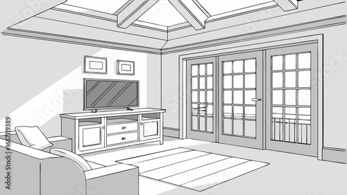 Detailed line drawing of a modern living room with a TV, sofa, and French doors leading to an outdoor space, featuring a tray ceiling and a ceiling fan.