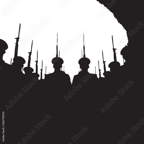 Silhouetted Soldiers Standing in Formation with Rifles Raising up in a Striking Black and White Military Display