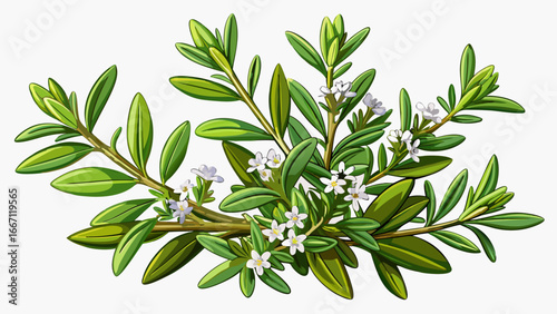 Fresh winter savory herb isolated on white, delicate leaves and blossoms forming elegant silhouette, semi-realistic botanical vector, timeless abstraction blending culinary tradition, natural beauty, 