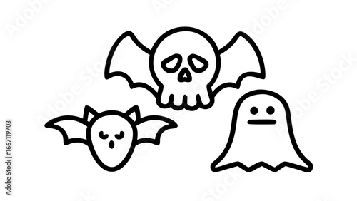Simple line art illustrations of a winged skull, a bat, and a ghost, representing Halloween or spooky themes.