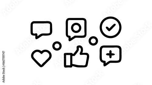 Collection of social media interaction icons, including speech bubbles, checkmarks, thumbs up, hearts, and plus signs.