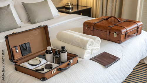 Vintage leather travel trunk with toiletries on a bed