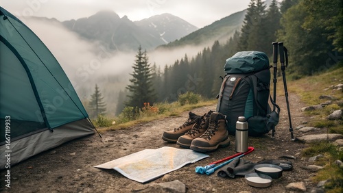 Mountain camping gear set up with scenic misty forest background