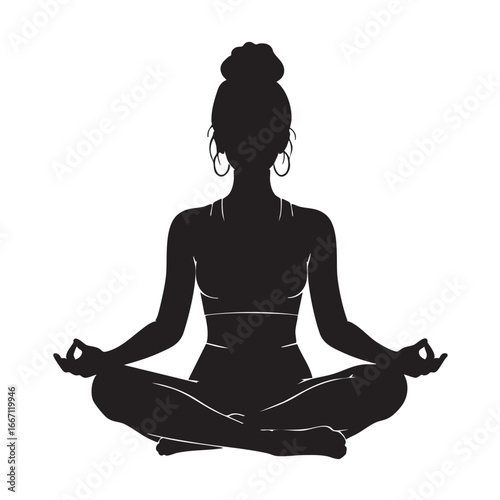 Silhouette of a Woman in Lotus Position for Yoga Meditation Black and White Vector Illustration Serene Wellness and Mindfulness