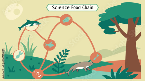 An educational illustration depicting a simplified science food chain with various animals and plants in an ecosystem.