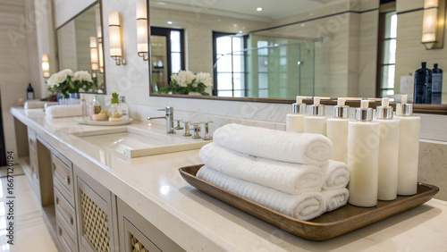 Luxurious bathroom vanity with rolled towels and amenities