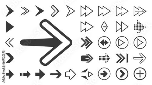 Collection of various arrow designs and styles, pointing right, in black and white.