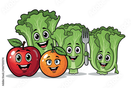 Smiling cartoon fruits and vegetables group with fork celebrating healthy eating and freshness vector