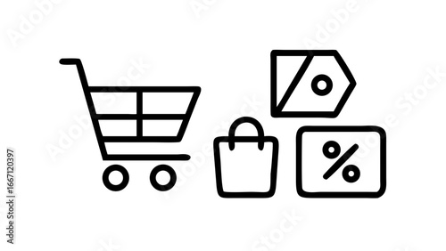 Shopping cart, shopping bags, and discount tags graphic design.