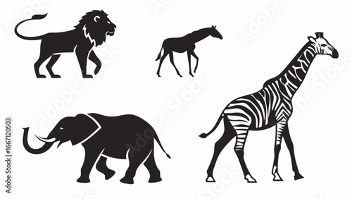 Black silhouettes of various African safari animals including a lion, elephant, giraffe, and zebra, isolated on a white background.