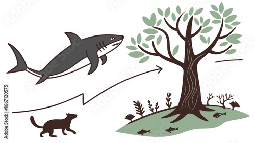 Food web diagram showing a shark, a tree, and other organisms.