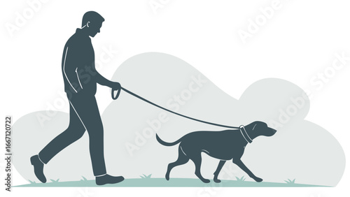 Vector illustration of man walking dog on leash